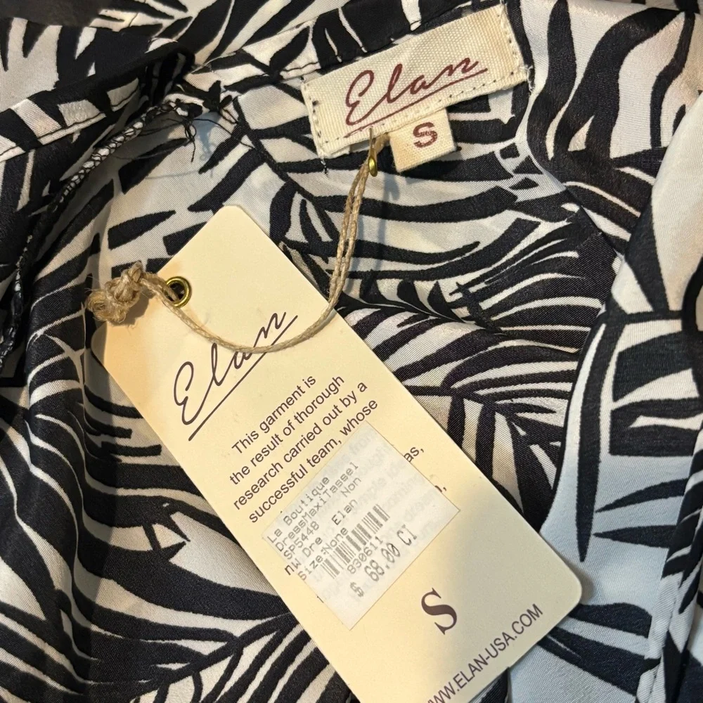 NWT Elan Black White Palm Print Tassel Midi Halter Dress S